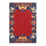 Flat overhead view of Elegant Chinoiserie Red & Blue Accent Rug showing crimson red center field with ornate blue gold floral border