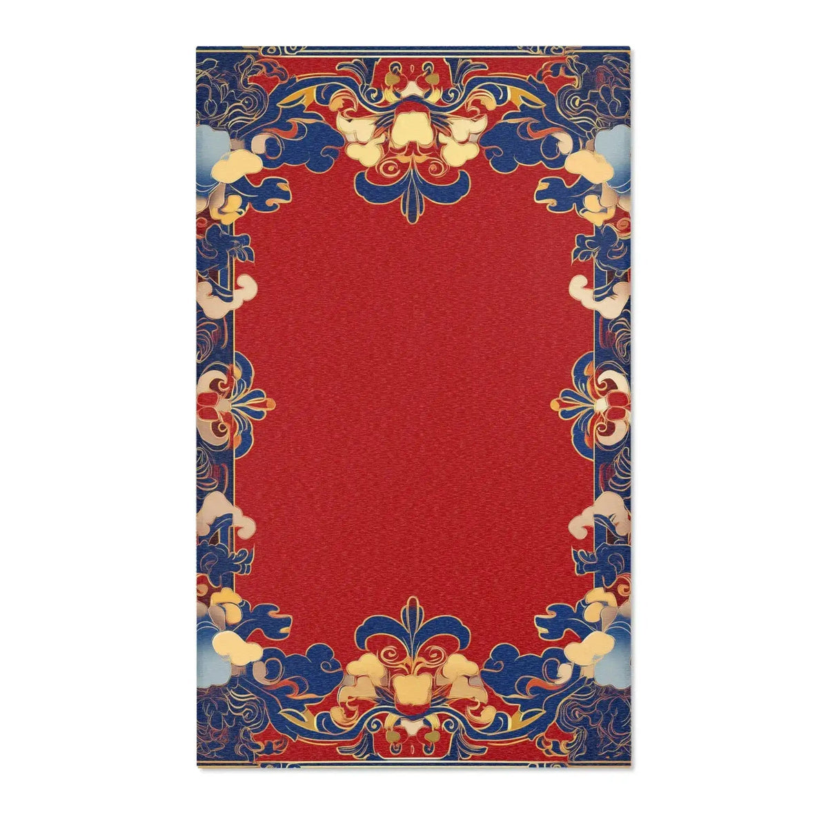 Persian-inspired painting of a robed woman holding flowers with ornate floral border on Elegant Chinoiserie Red & Blue Accent Rug