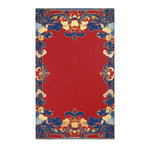 Persian-inspired painting of a robed woman holding flowers with ornate floral border on Elegant Chinoiserie Red & Blue Accent Rug