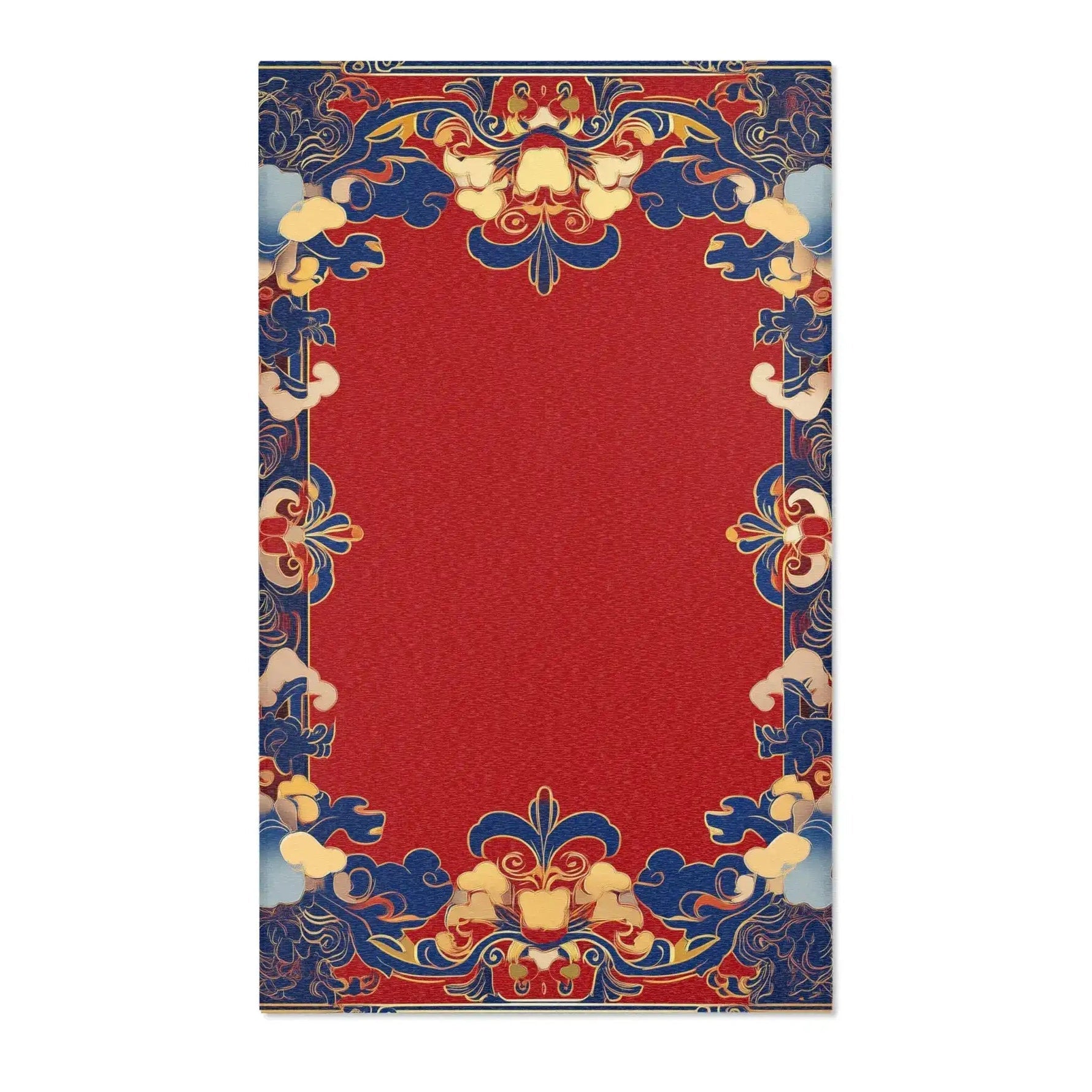 Persian-inspired painting of a robed woman holding flowers with ornate floral border on Elegant Chinoiserie Red & Blue Accent Rug