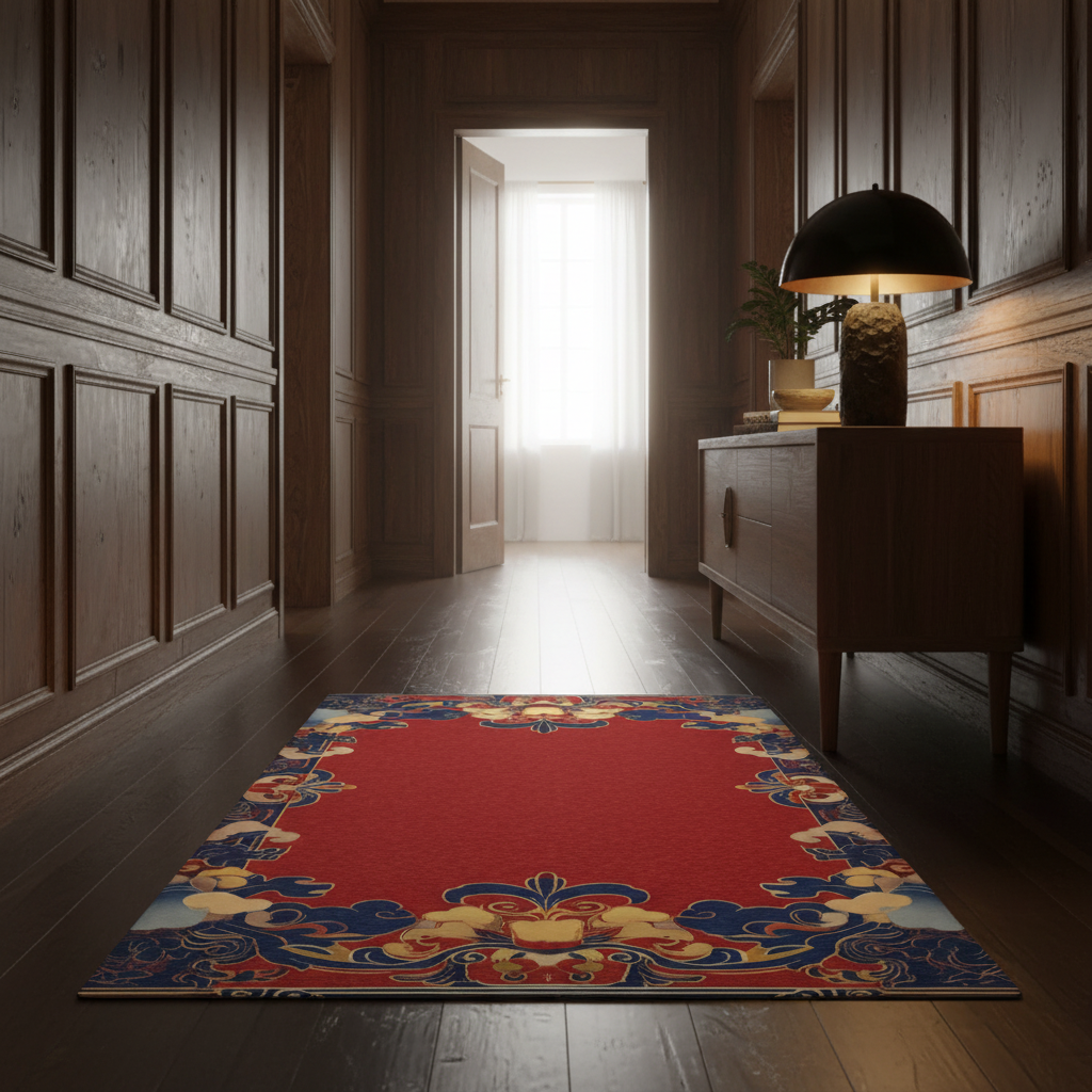 A rectangular area rug with a vibrant red center and an ornate blue, gold, and beige floral border, displayed on a dark wood floor in a classic hallway with wood-paneled walls.