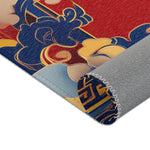 Rolled corner of Elegant Chinoiserie Red & Blue Accent Rug showing blue gold floral border and gray backing