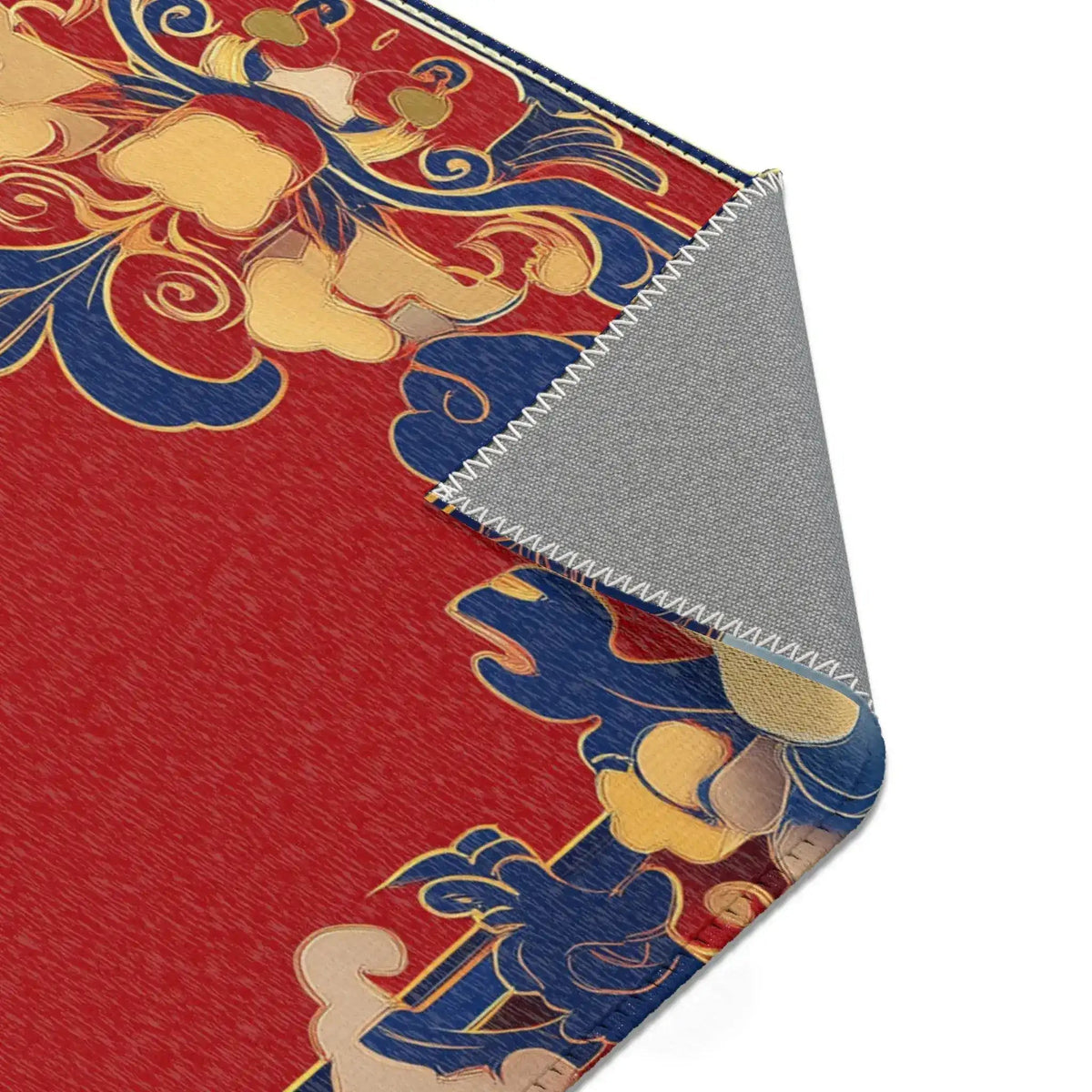 Surrealist art print on Elegant Chinoiserie Red & Blue Accent Rug depicting blonde figure with fish on teal blue background