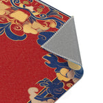 Surrealist art print on Elegant Chinoiserie Red & Blue Accent Rug depicting blonde figure with fish on teal blue background