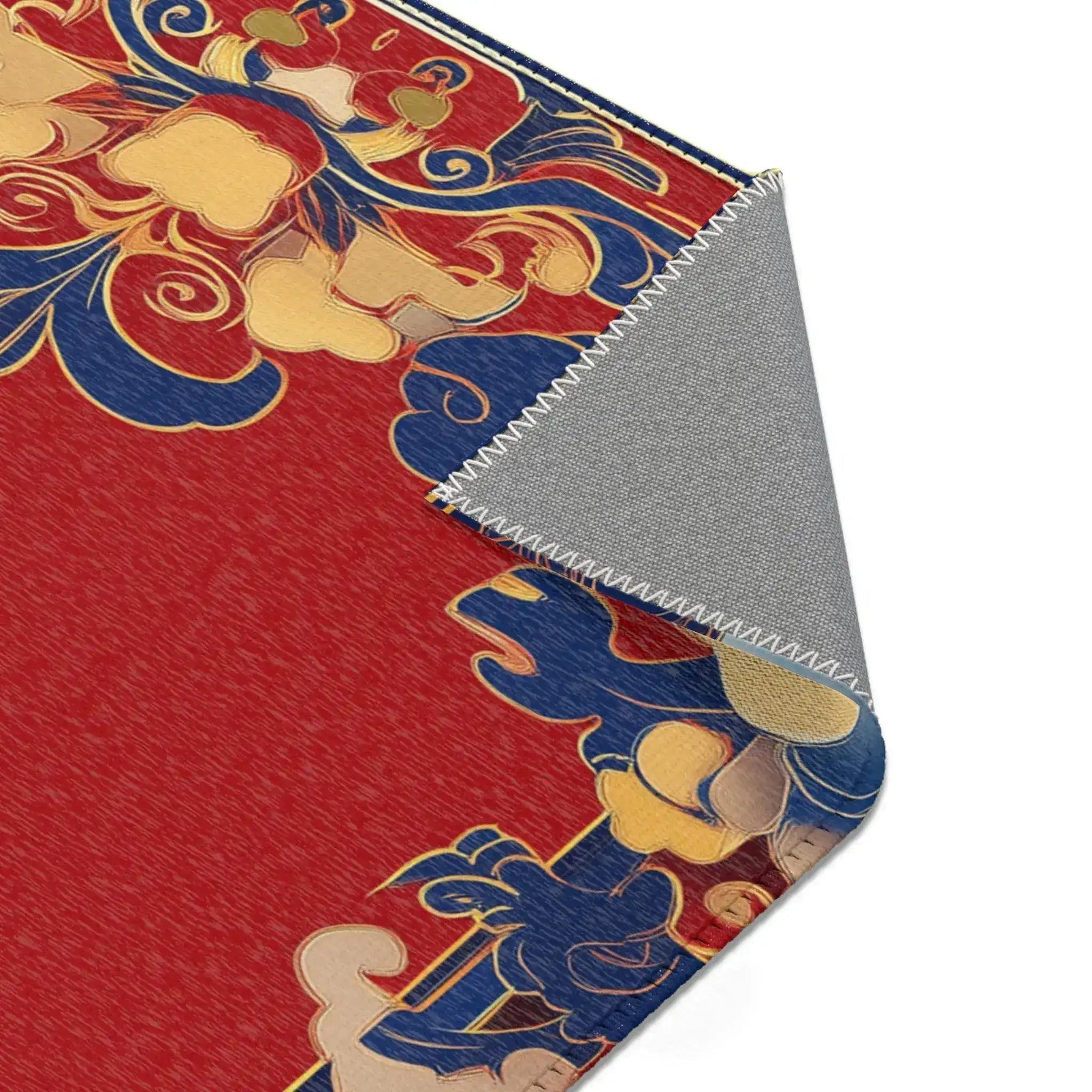 Surrealist art print on Elegant Chinoiserie Red & Blue Accent Rug depicting blonde figure with fish on teal blue background