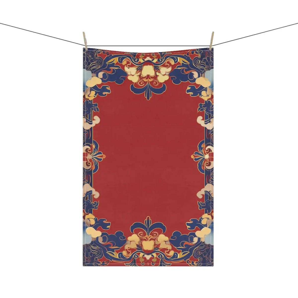 Elegant Chinoiserie Red Blue Cotton Kitchen Towel hung on clothesline full view red center with decorative navy gold border