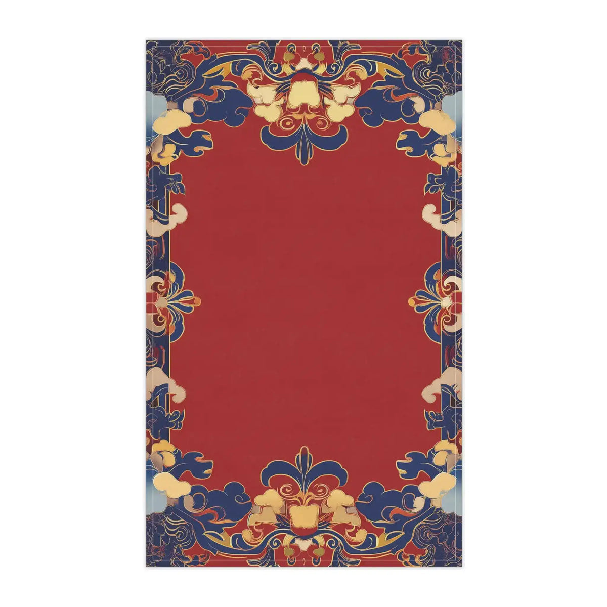 Elegant Chinoiserie Red Blue Cotton Kitchen Towel flat view crimson center with ornate navy gold scrolling floral border pattern
