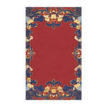 Elegant Chinoiserie Red Blue Cotton Kitchen Towel flat view crimson center with ornate navy gold scrolling floral border pattern
