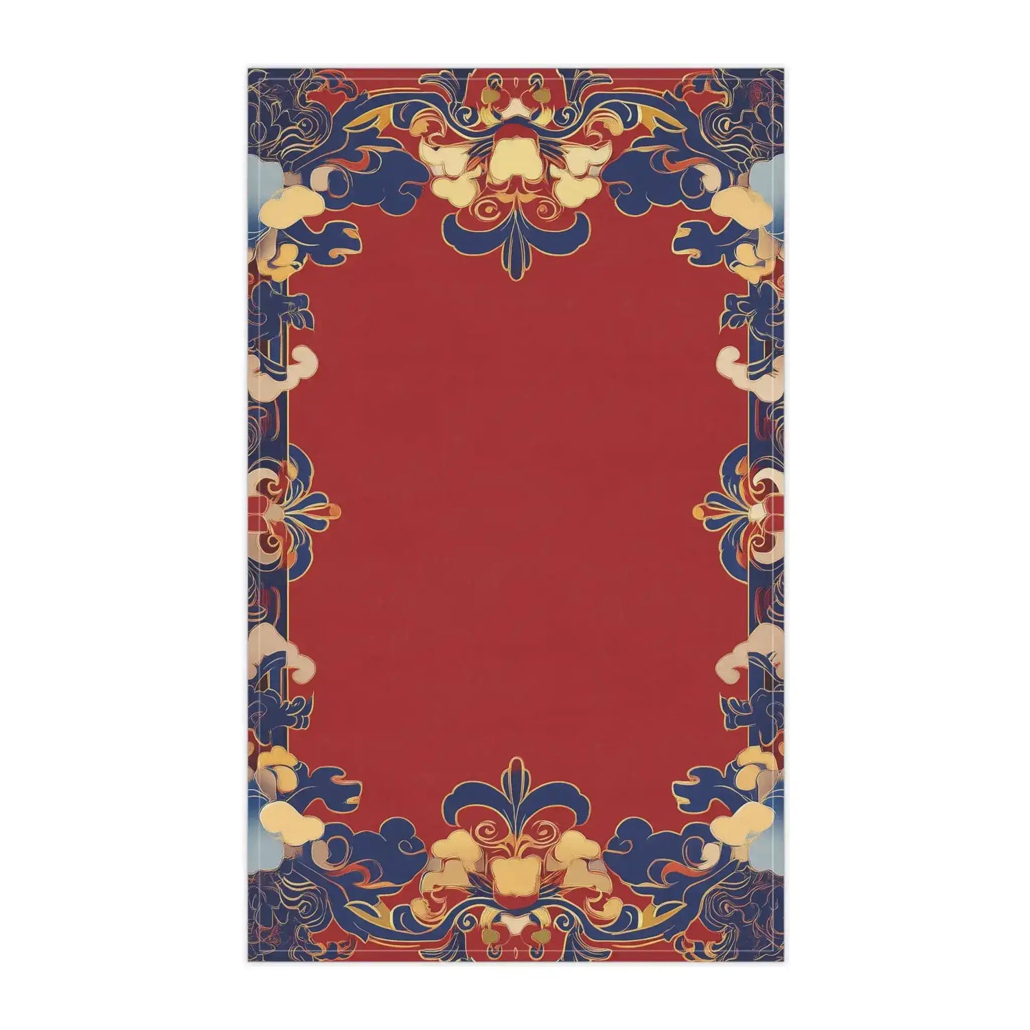 Elegant Chinoiserie Red Blue Cotton Kitchen Towel flat view crimson center with ornate navy gold scrolling floral border pattern
