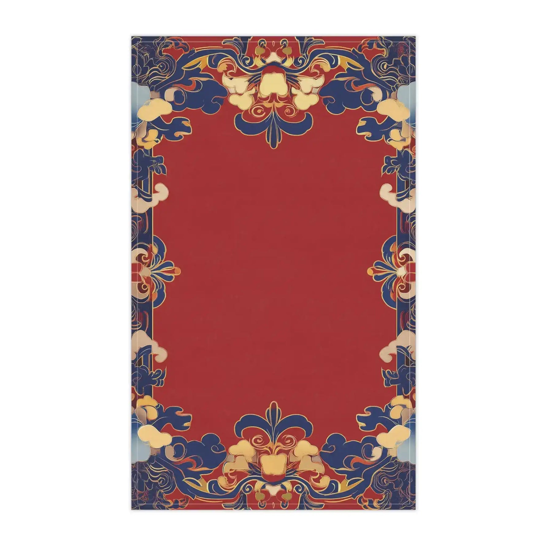 Elegant Chinoiserie Red Blue Cotton Kitchen Towel flat view crimson center with ornate navy gold scrolling floral border pattern
