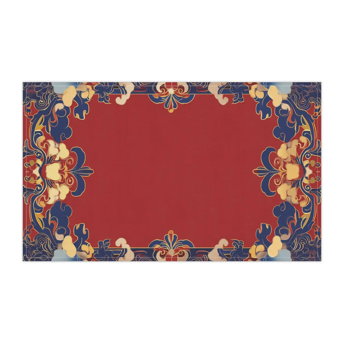 Elegant Chinoiserie kitchen towel horizontal flat view red field with blue and gold symmetrical ornate chinoiserie scroll border