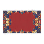 Elegant Chinoiserie kitchen towel horizontal flat view red field with blue and gold symmetrical ornate chinoiserie scroll border