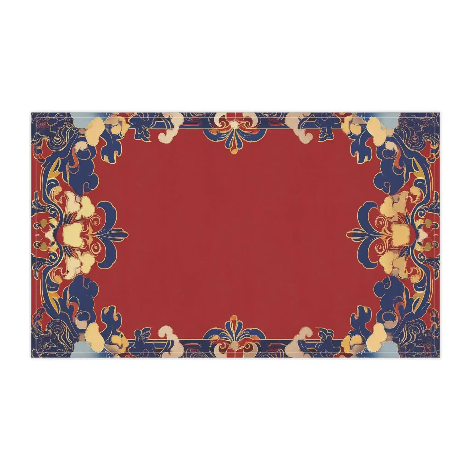 Elegant Chinoiserie kitchen towel horizontal flat view red field with blue and gold symmetrical ornate chinoiserie scroll border