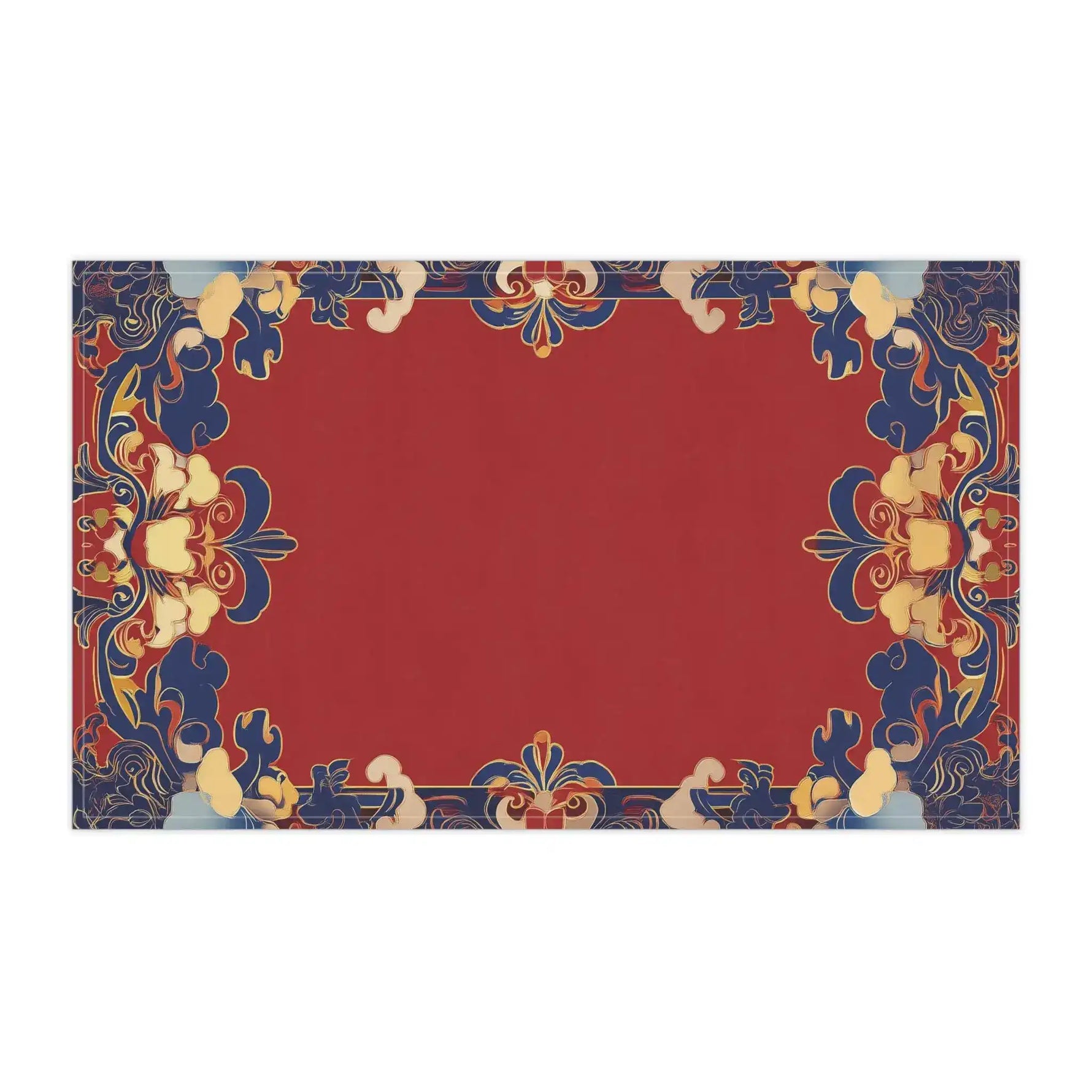 Elegant Chinoiserie kitchen towel horizontal flat view red field with blue and gold symmetrical ornate chinoiserie scroll border
