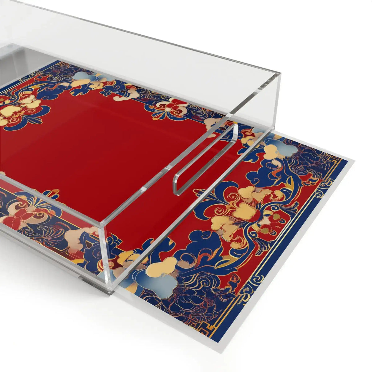 Angled top view of Elegant Chinoiserie Red and Blue Serving Tray in clear acrylic with red and blue art insert being removed