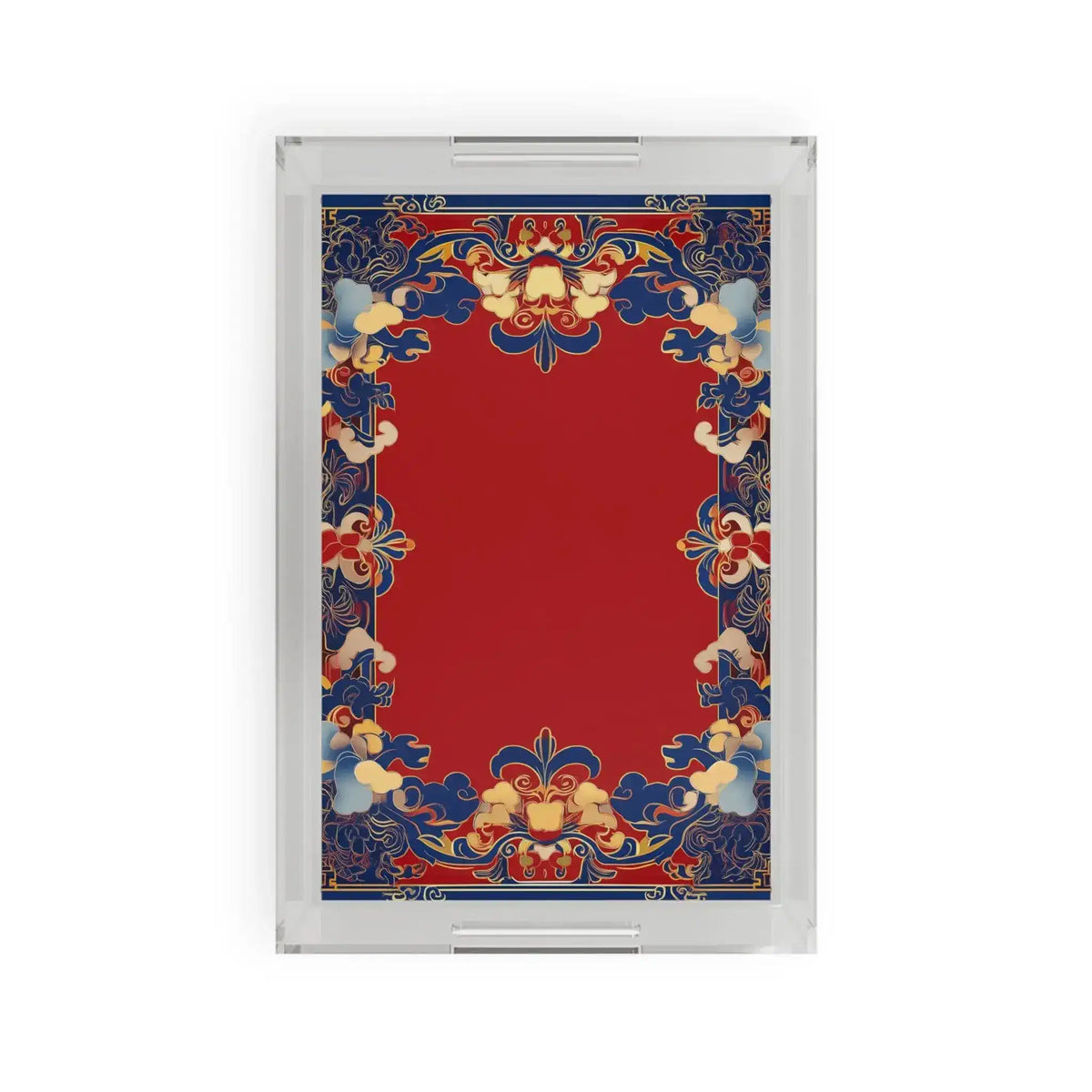 Clear acrylic Elegant Chinoiserie Red and Blue Serving Tray with bold red center and ornate blue and gold cloud border