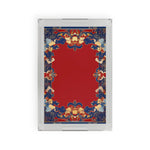 Clear acrylic Elegant Chinoiserie Red and Blue Serving Tray with bold red center and ornate blue and gold cloud border