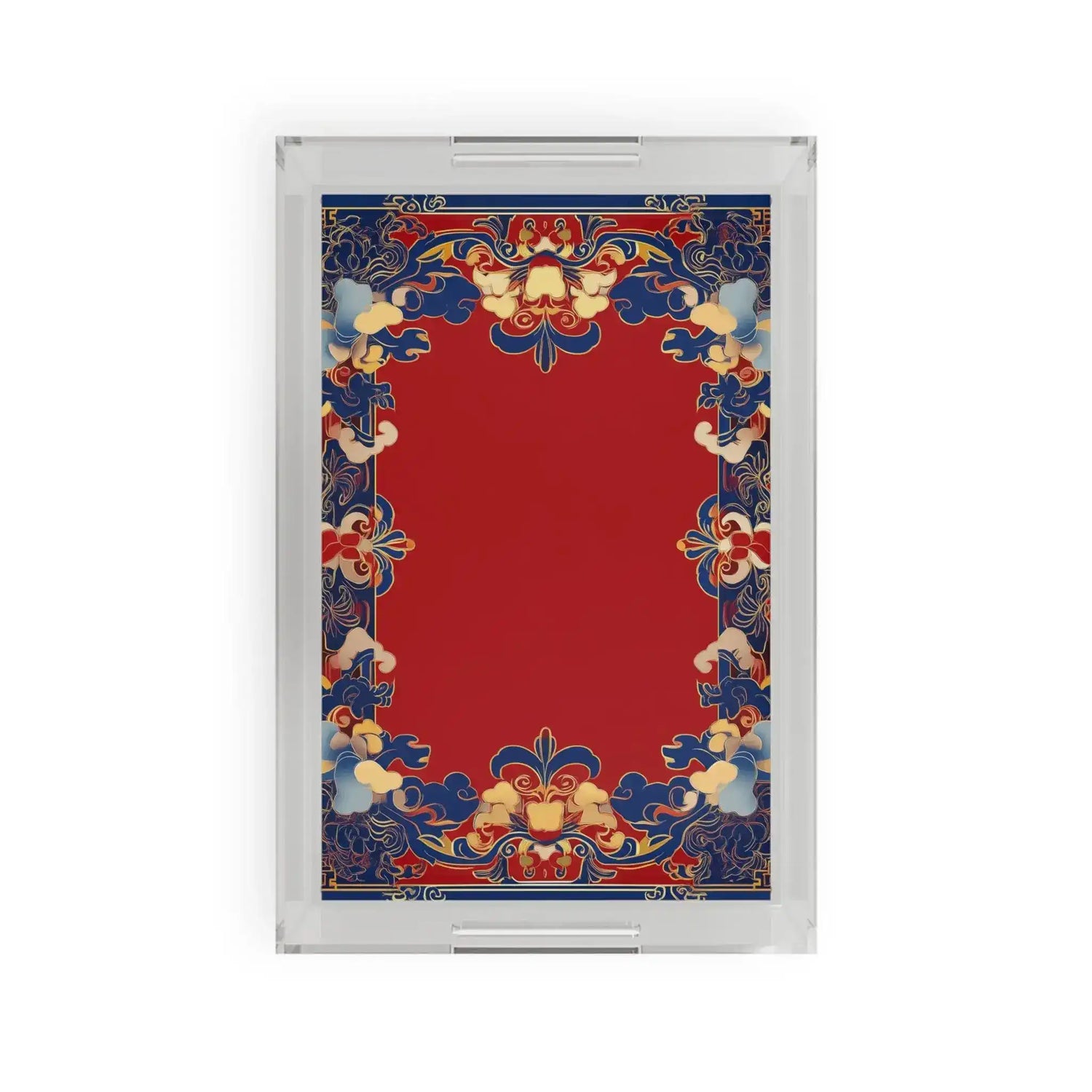 Clear acrylic Elegant Chinoiserie Red and Blue Serving Tray with bold red center and ornate blue and gold cloud border
