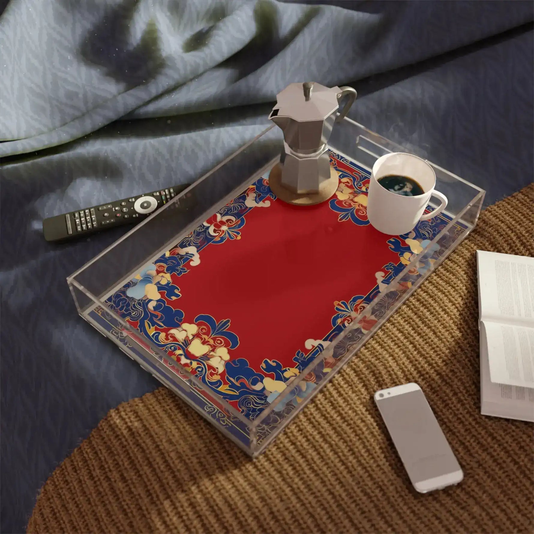 Elegant Chinoiserie Red and Blue Serving Tray on bedside table with moka pot and white mug beside phone and book