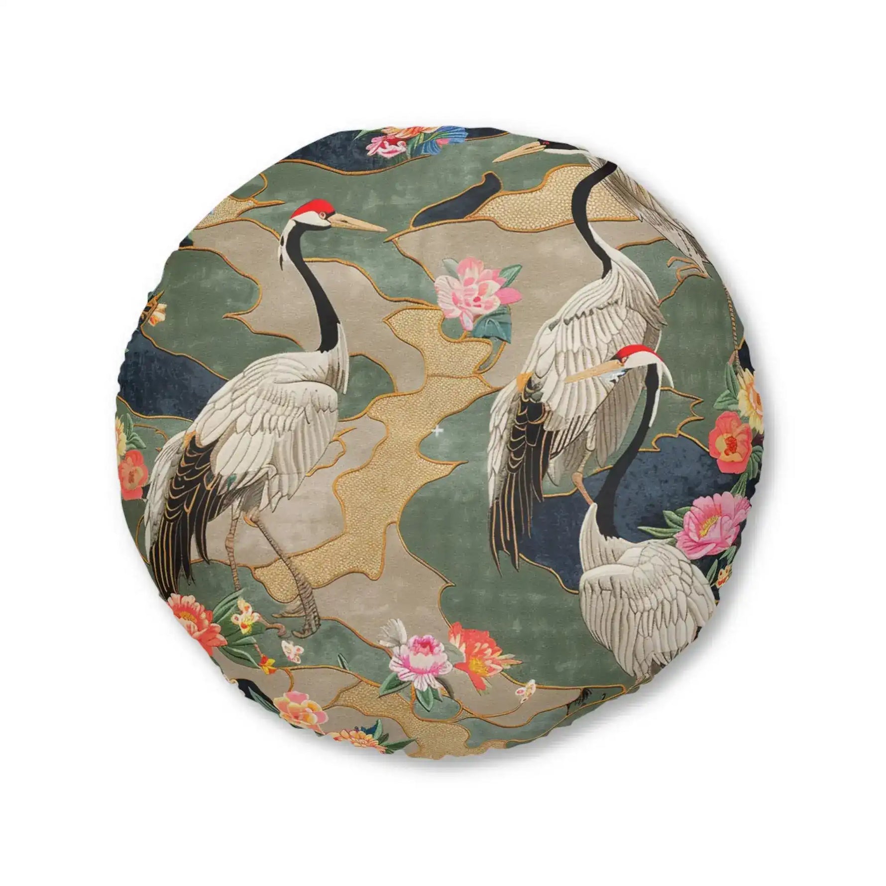 Elegant Crane and Floral Pattern Floor Pillow with two cranes facing right framed by floral sprays on white background