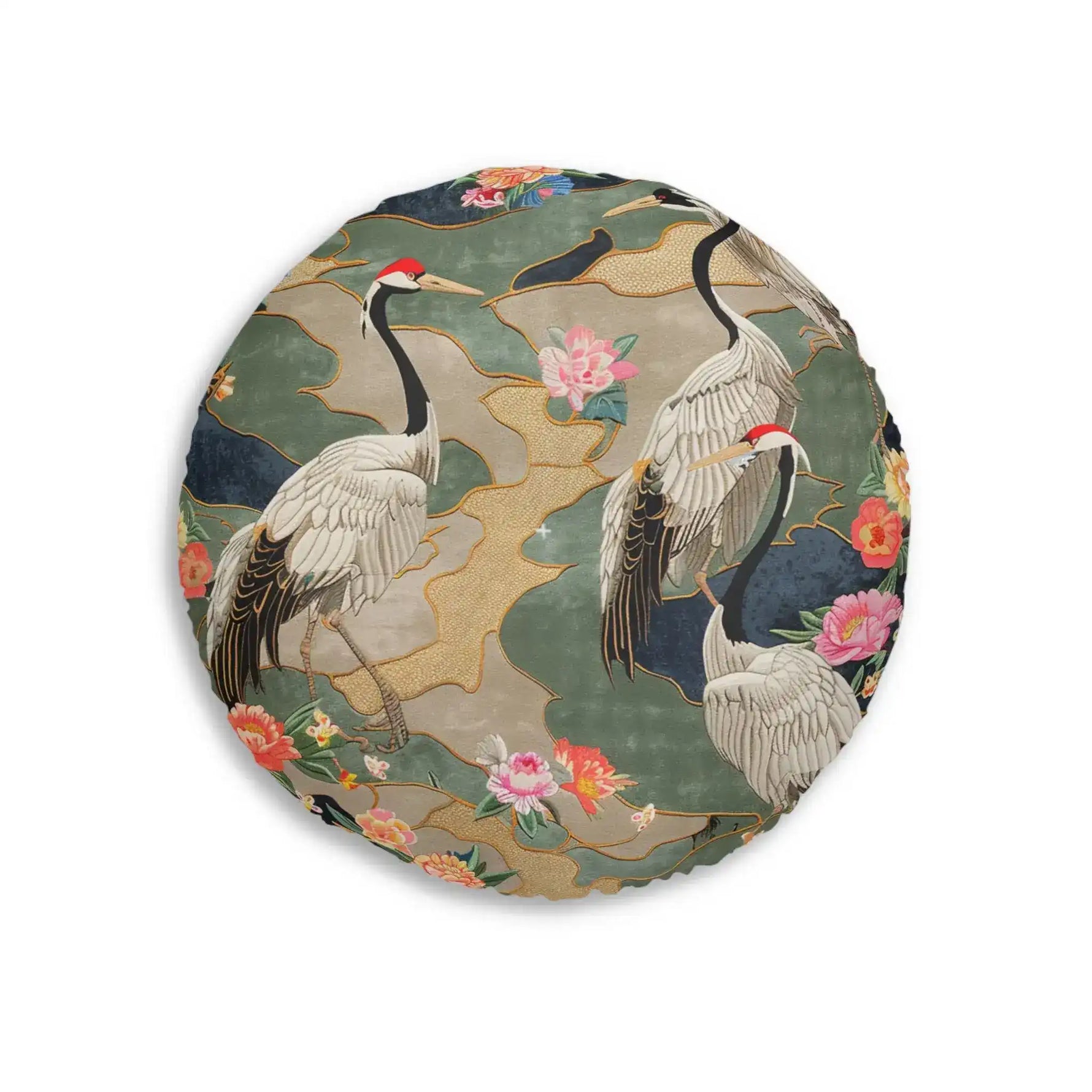 Elegant Crane and Floral Pattern Floor Pillow showing two cranes one with head lowered surrounded by colorful blooms on white