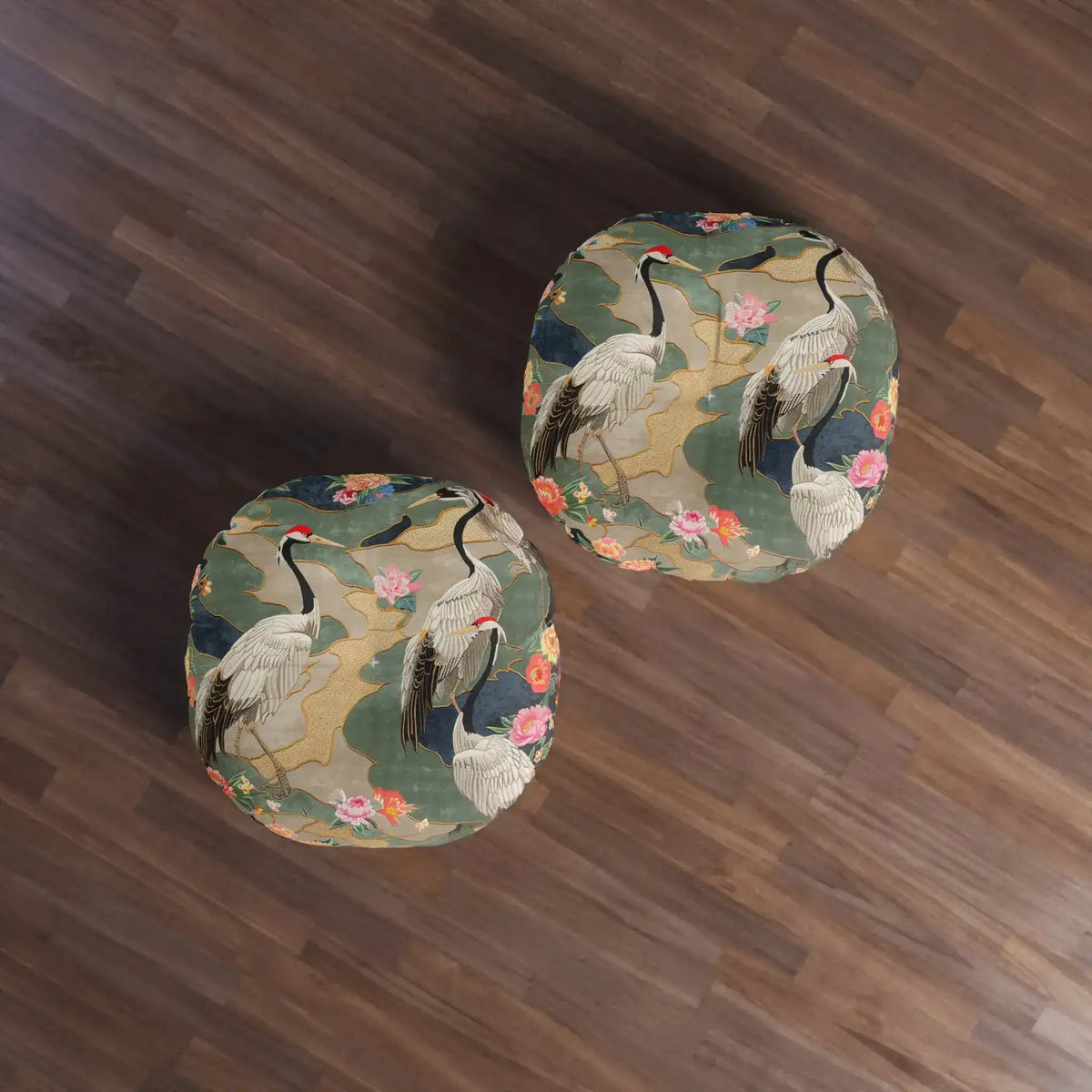 Pair of Elegant Crane and Floral Pattern Floor Pillows seen from overhead on dark hardwood floor