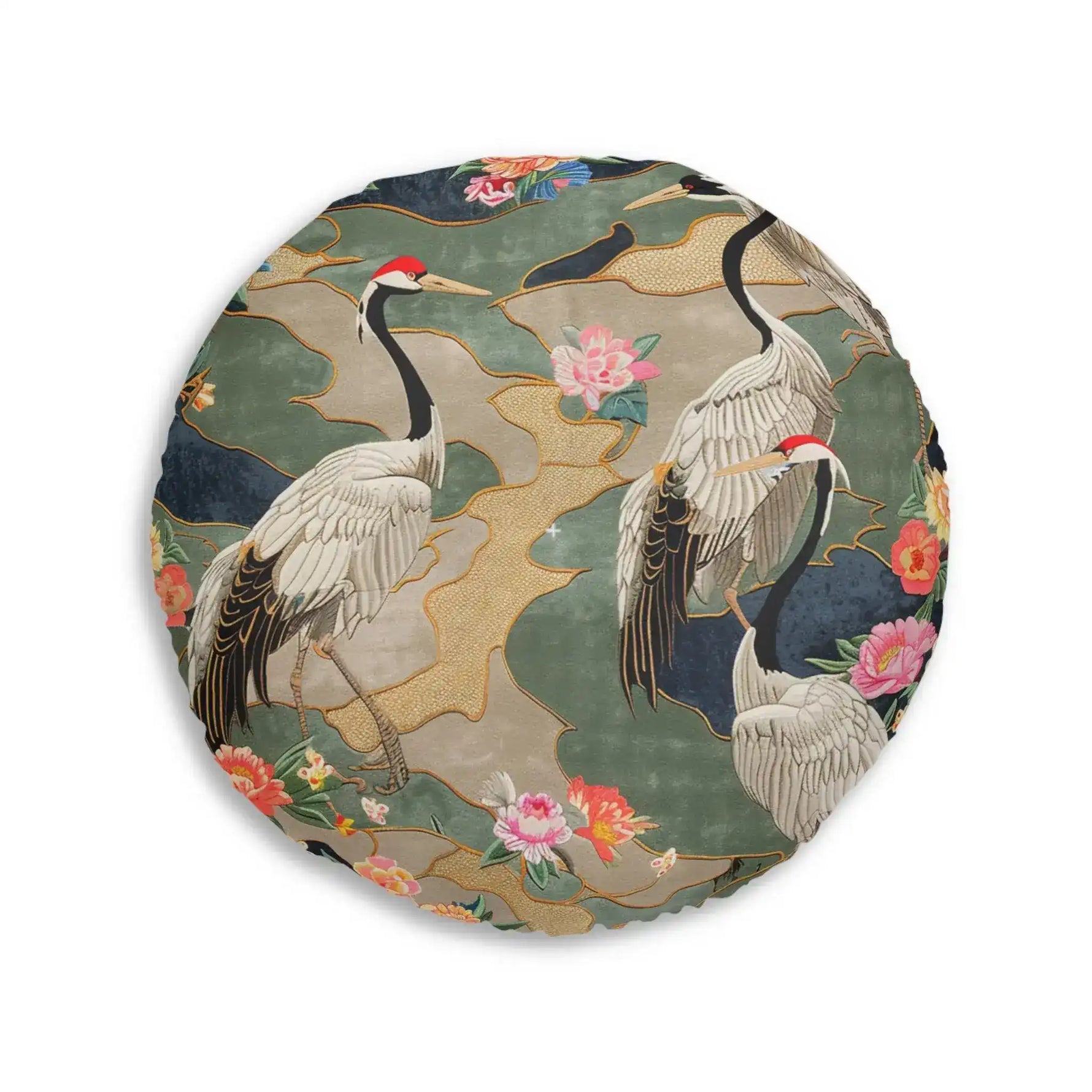 Elegant Crane and Floral Pattern Floor Pillow with tall crane displaying red crown visible on white background