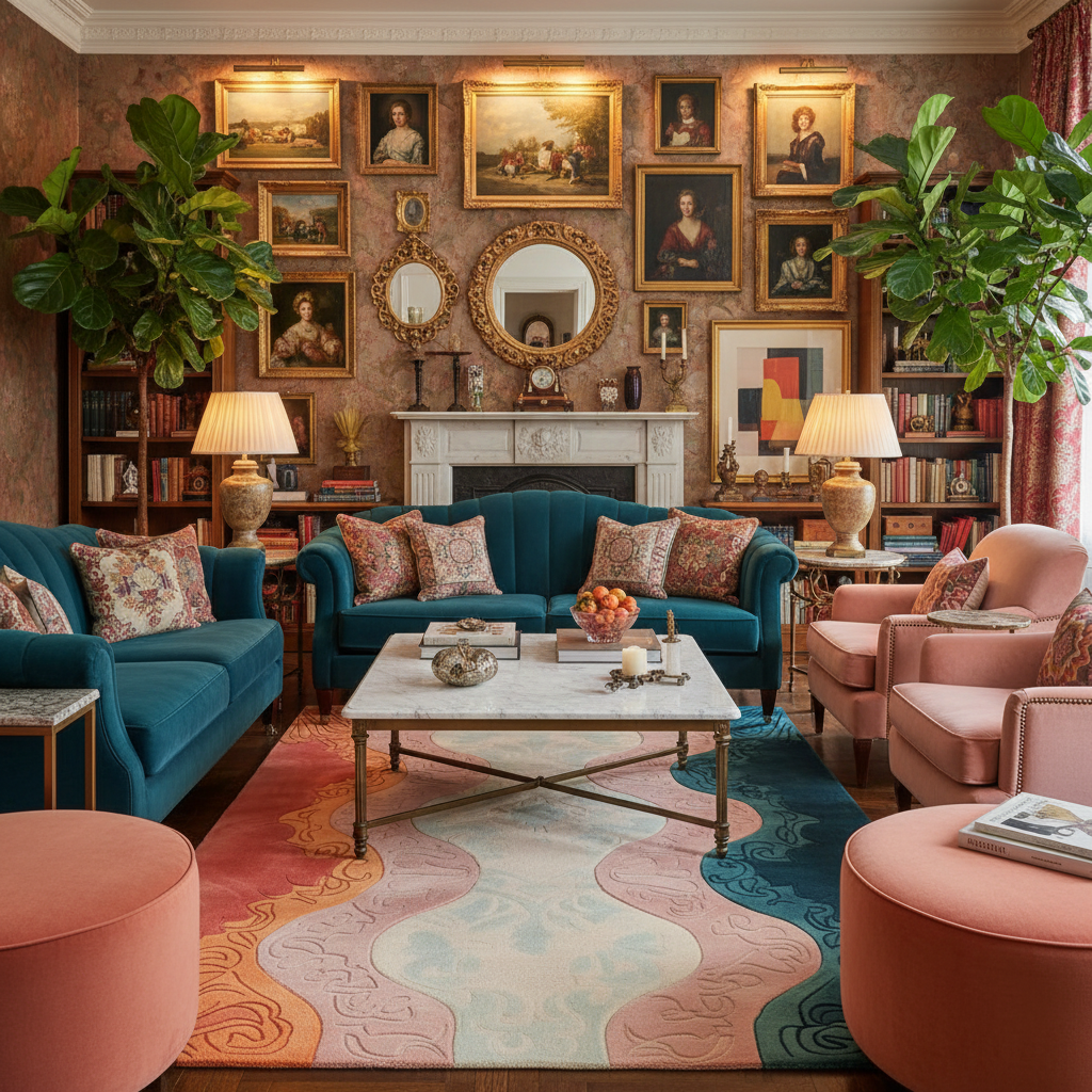 Luxurious living room with teal sofa, an abstract wool rug, pink chairs, and decorative wall art.