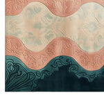 Elegant Fusion hand-tufted wool area rug featuring an abstract wavy pattern in pastel tones of pink, cream, and teal. The intricate design adds a touch of sophistication to any room.