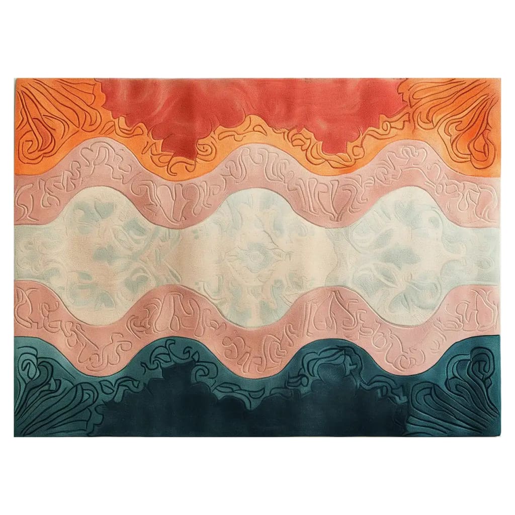 Top view of the Elegant Fusion Hand Tufted Wool Area Rug featuring wavy abstract patterns in vibrant shades of orange, pink, cream, and teal. The intricate design adds a touch of modern elegance to any space.