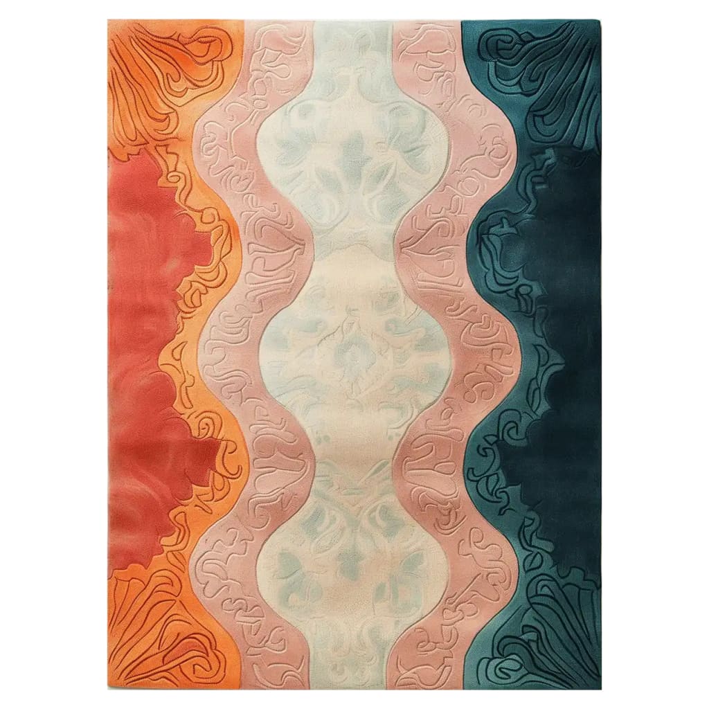 Vibrant hand tufted wool area rug featuring an elegant abstract design with wavy patterns in shades of orange, pink, and teal, viewed from the top.