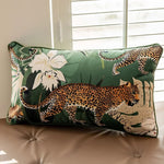 Elegant green leopard-print throw pillow cover featuring vibrant illustrations of leopards and tropical foliage, perfect for adding a stylish touch to any home decor.