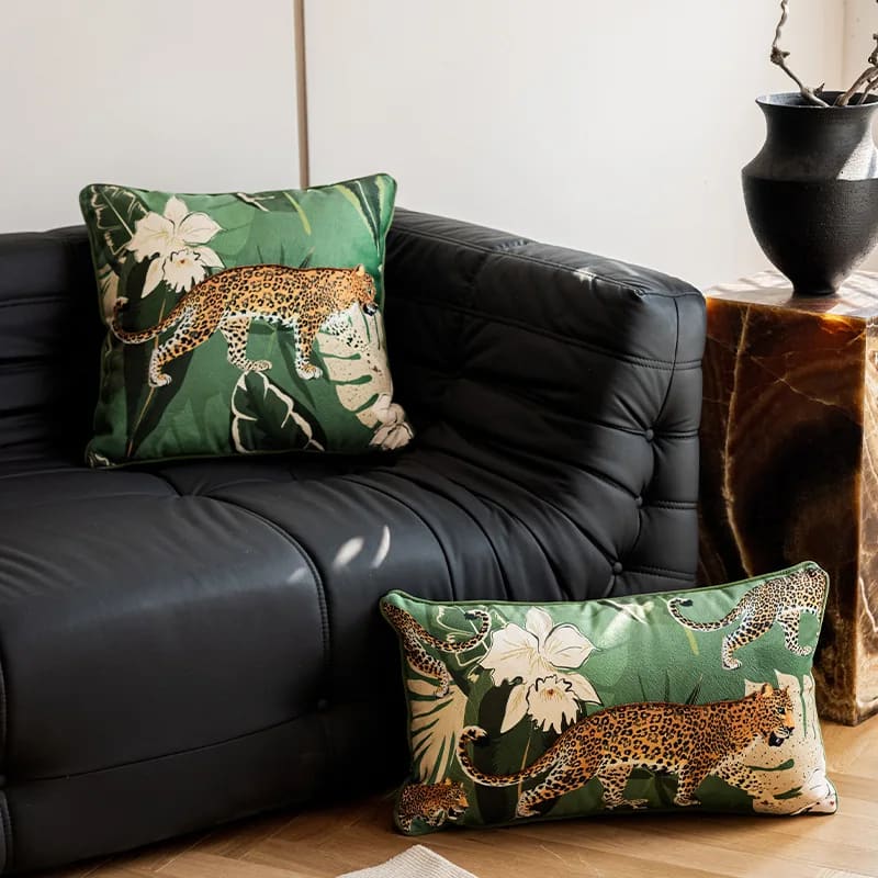 Elegant green leopard-print throw pillow cover featuring lush foliage and detailed leopard designs, perfect for stylish home decor.