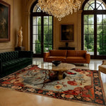 Elegant living room featuring a Crimson Companions Hand Knotted Area Rug with a vibrant floral design. This Persian-style rug, perfect for rugs for living room, adds warmth and sophistication to the space. Ideal for living room rugs 8x10, its intricate patterns and rich colors create a stunning focal point beneath a luxurious chandelier.