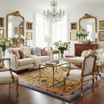 Elegant living room with classical furniture, mirrors, a floral wool rug, and decorative elements.
