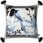 Elegant midnight bloom throw pillow featuring intricate bird and floral designs with tassel accents, perfect for home decor.
