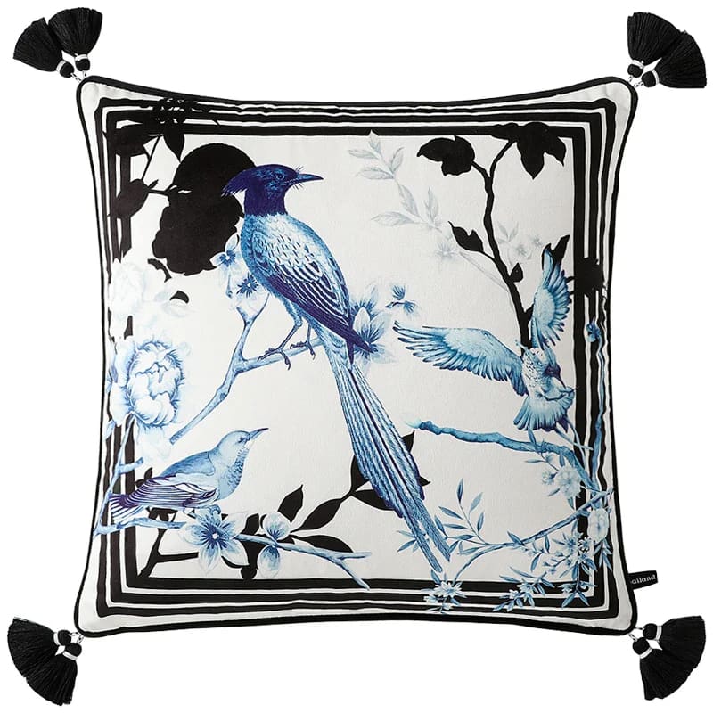 Elegant midnight bloom throw pillow featuring intricate bird and floral designs with tassel accents, perfect for home decor.
