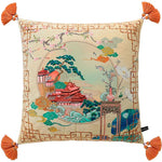 Elegant oriental throw pillow featuring a luxurious pagoda and blossoms design, perfect for adding a touch of sophistication to any decor.