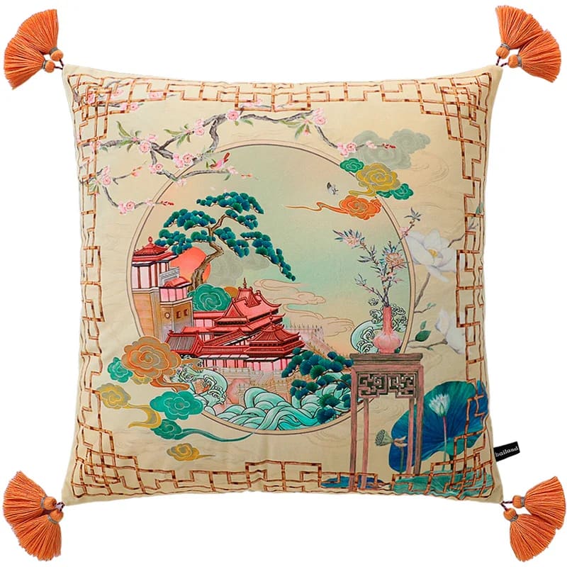 Elegant oriental throw pillow featuring a luxurious pagoda and blossoms design, perfect for adding a touch of sophistication to any decor.