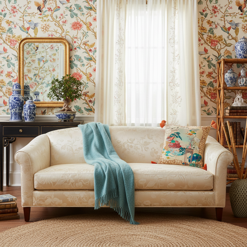 Living room with a beige sofa, floral pillow cover, wallpaper, and decorative items.