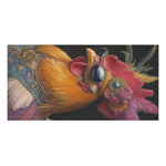 Elegant Renaissance Chicken in Couture with Sunglasses Bath Towel horizontal close-up, golden rooster face with jeweled sunglasses, pink comb, embroidered blue collar