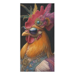 Elegant Renaissance Chicken in Couture with Sunglasses Bath Towel flat lay, golden rooster in jeweled sunglasses, pink feathered headdress, embroidered blue jacket on dark background