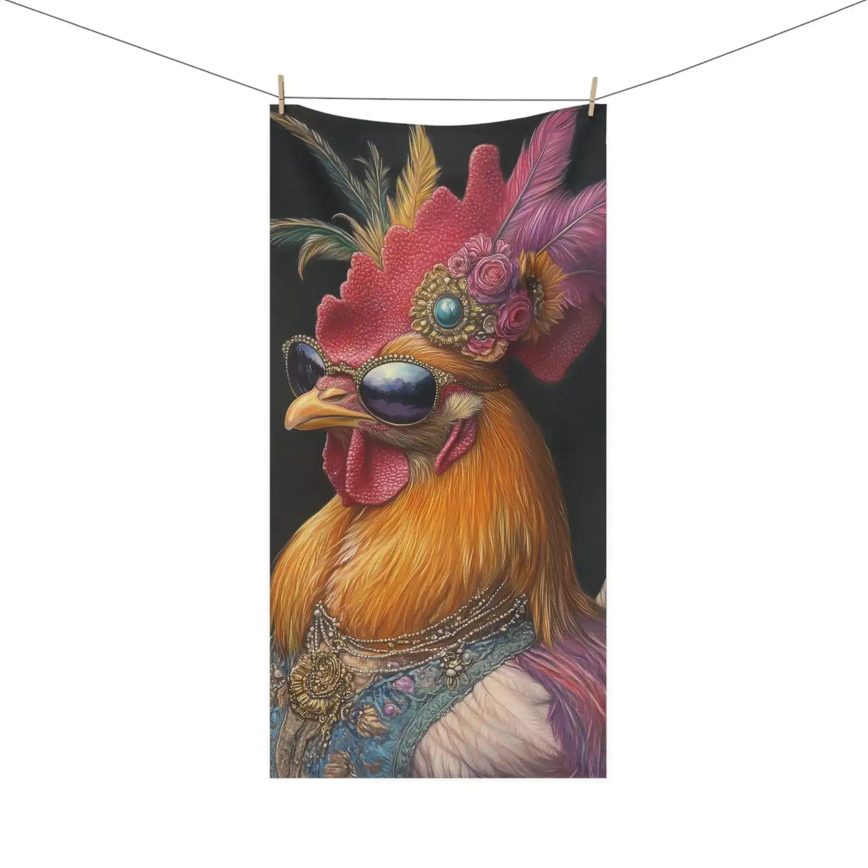 Elegant Renaissance Chicken in Couture with Sunglasses Bath Towel hanging on clothesline, full rooster portrait from comb to chest with blue embroidered jacket