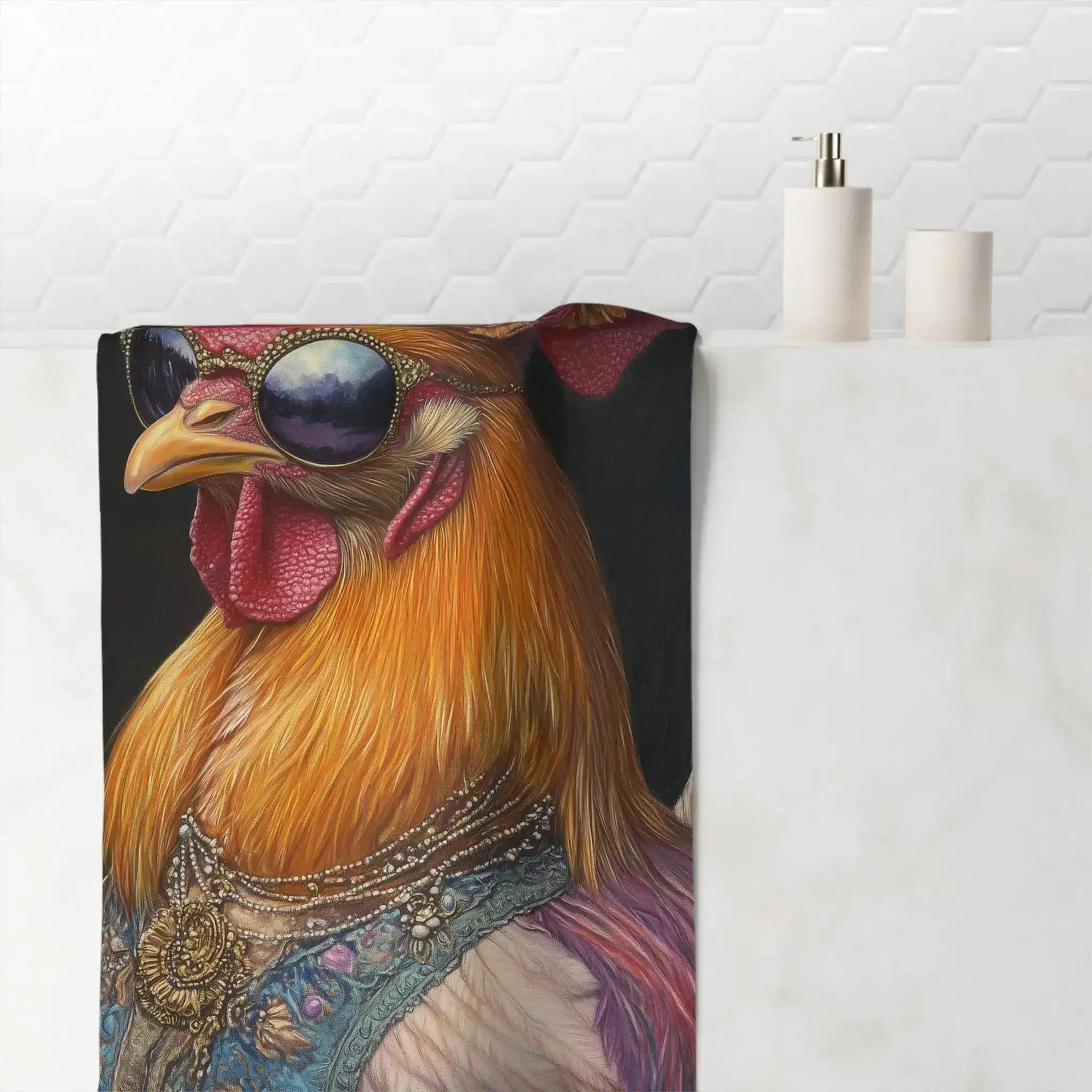 Elegant Renaissance Chicken in Couture with Sunglasses Bath Towel draped on bathroom shelf, rooster portrait with pearl necklace on dark ground, hexagonal tile wall