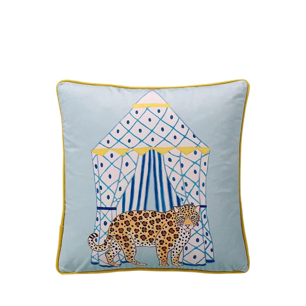 Elegant safari leopard decorative throw pillow cover with a vibrant design featuring a leopard and a patterned pavilion, perfect for adding a stylish touch to any living space.