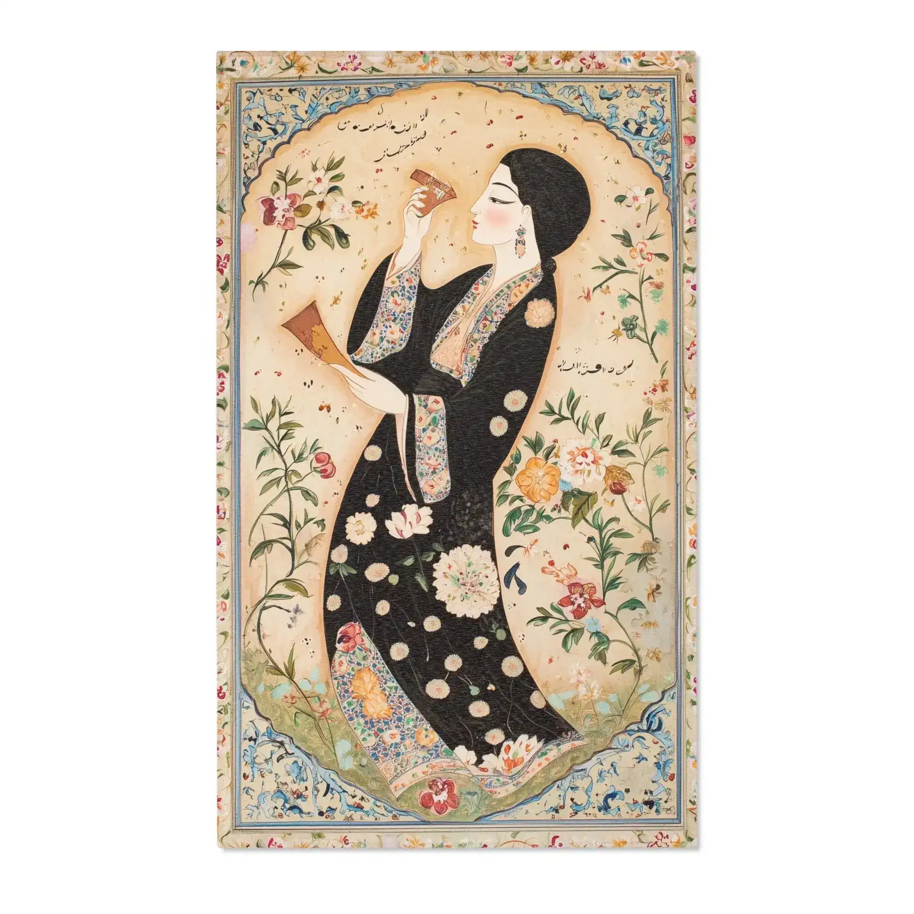 Elegant Woman and Floral Art Rug second view showing woman portrait in black dotted robe within colorful oval floral arch on parchment ground