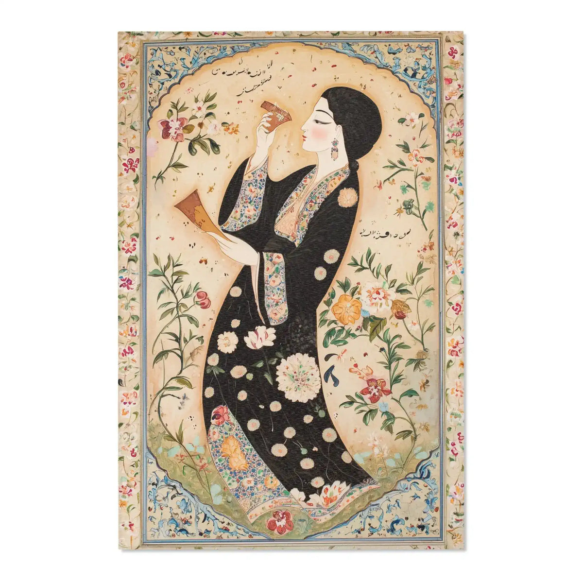 Elegant Woman and Floral Art Rug third angle of Persian miniature woman in black robe holding cup, encircled by lush floral oval frame
