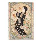 Elegant Woman and Floral Art Rug third angle of Persian miniature woman in black robe holding cup, encircled by lush floral oval frame