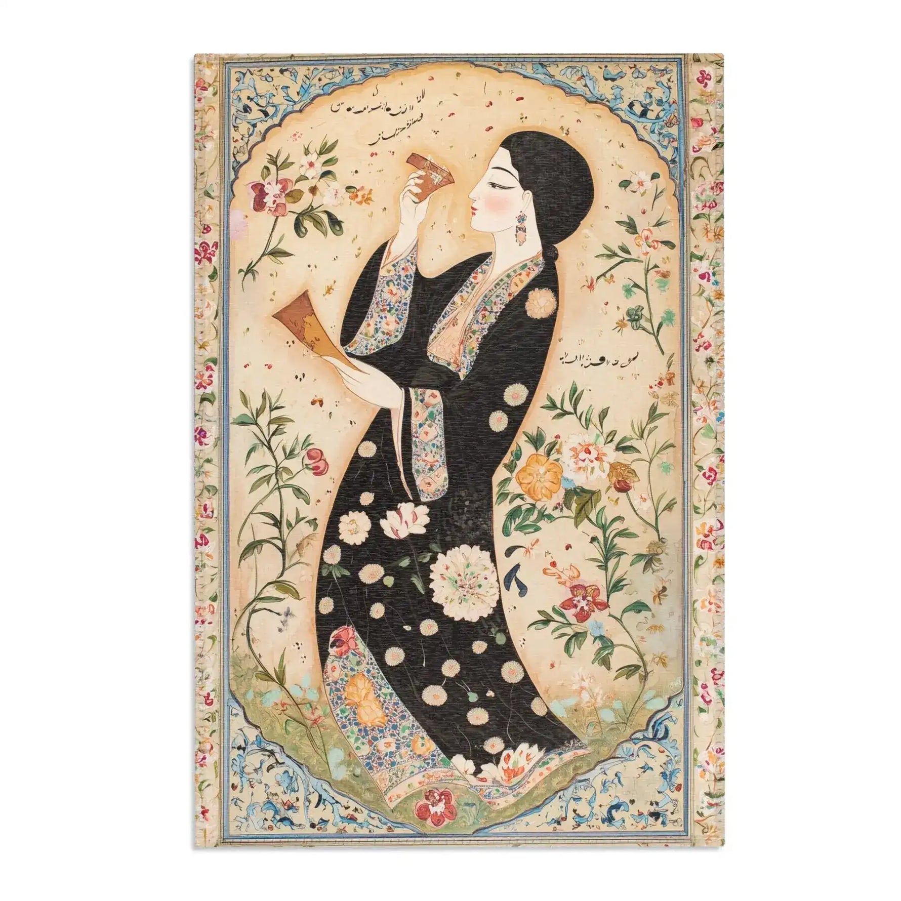 Elegant Woman and Floral Art Rug fourth image with colorful floral border framing woman in black spotted robe on ivory decorated ground