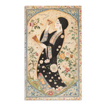 Elegant Woman and Floral Art Rug lighter variant with rectangular floral frame and woman in flowing black robe on cream botanical background